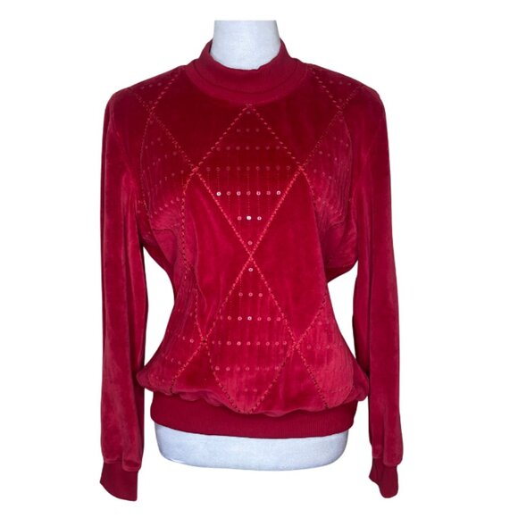Alfred Dunner Vintage Cotton Red Velvet Sequin Geometric Mock Neck Sweatshirt PL - Picture 1 of 9